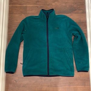 size Medium, north face, green fleece, blue zippers and edges,